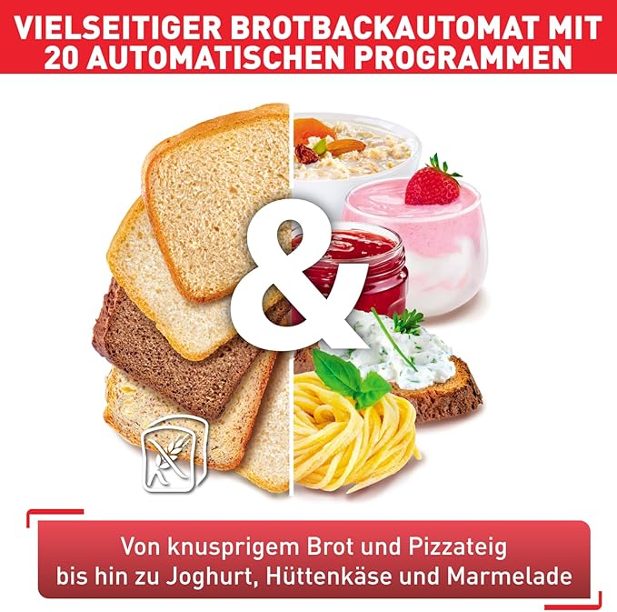 Bread Maker 20 Automatic Programmes 3 Bread Sizes and Browning Levels Adjustable Also for Cakes, Pizza, Pasta Dough, Includes Accessories, 610 W