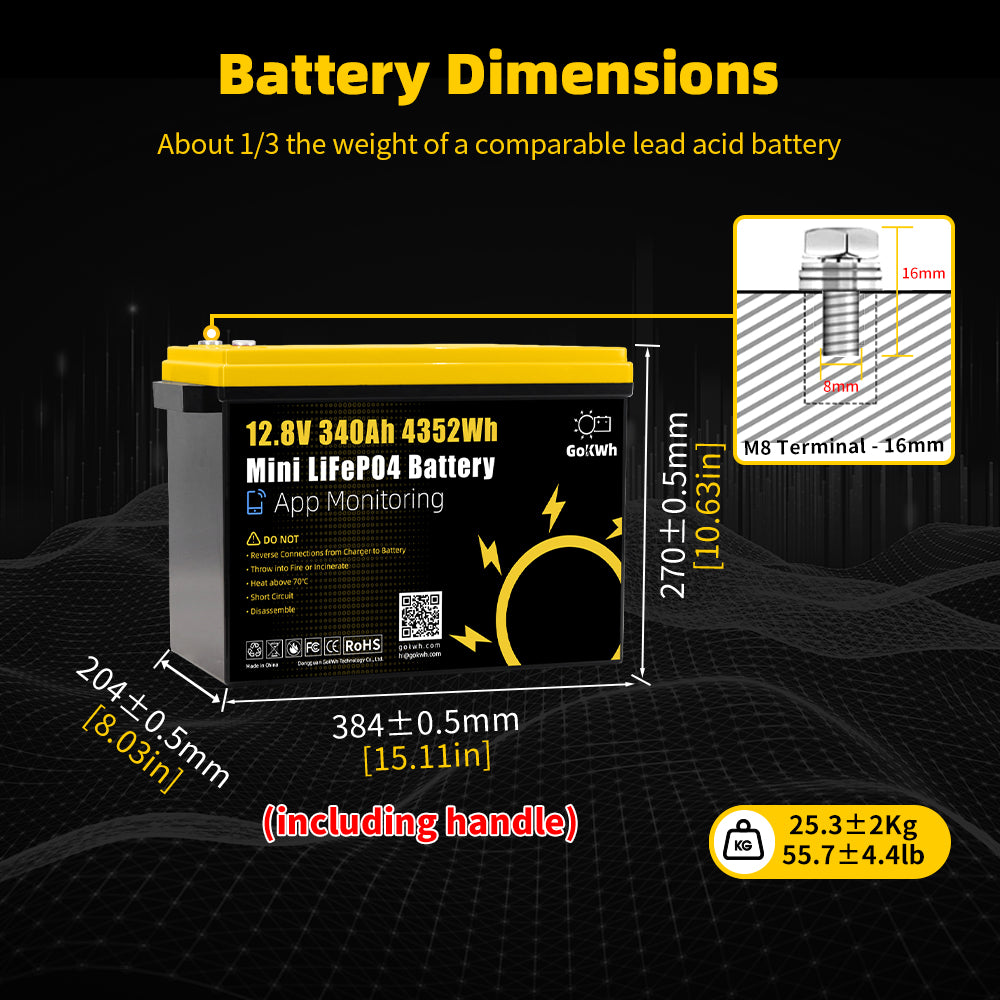 GoKWh 12V 340Ah Mini Built in 200A Bluetooth BMS LiFePO4 Battery