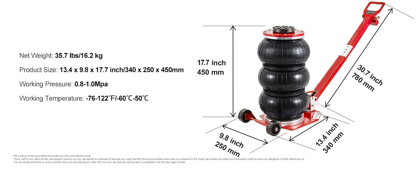 Mudiro Air Jack 3 Ton 6600 lbs / 5 Ton 11000 lbs Air Bag Jack with Six Steel Pipes 15.75 inch/400 mm / 18.5 inch/470 mm Lift up Fast Lifting Pneumatic Jack with Adjustable Long Handle for Cars Garages Repair - 3T