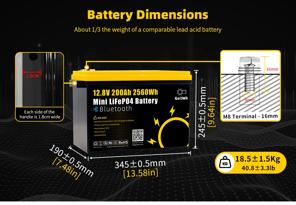 GoKWh 12V 200Ah Mini LiFePO4 Battery Build-in Smart Bluetooth