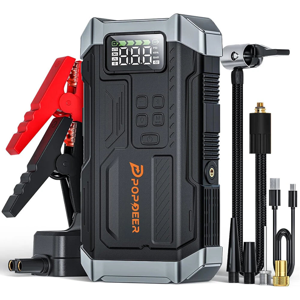 POPDEER PD-JA3 5000A 4-in-1 Emergency Jump Starter with Air Compressor (150PSI Tire Inflator) 12V Quick Charge 3.0 Jump Box LCD Display Flashlight Storage Case - Suitable for 10.0L Gas 8.0L Diesel Engines - Black