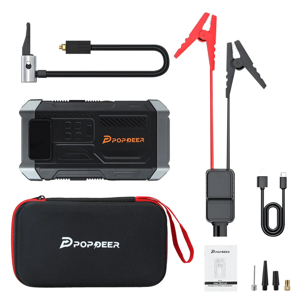 POPDEER PD-JA3 5000A 4-in-1 Emergency Jump Starter with Air Compressor (150PSI Tire Inflator) 12V Quick Charge 3.0 Jump Box LCD Display Flashlight Storage Case - Suitable for 10.0L Gas 8.0L Diesel Engines - Black